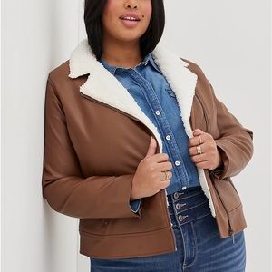 TORRID VEGAN LEATHER MOTO JACKET SHERPA LINED COGNAC BROWN NWT SZ 1X 14/16